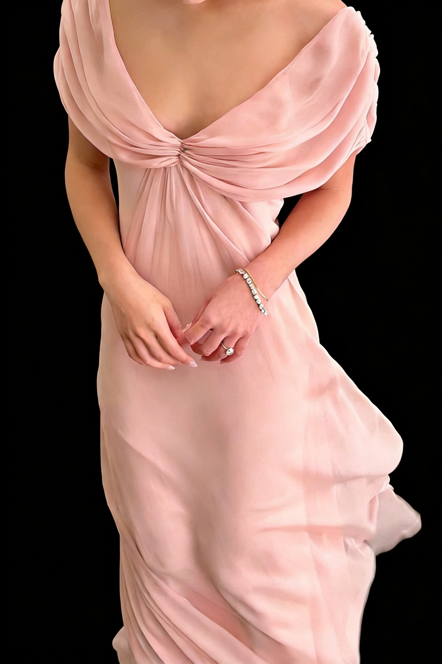 Blush Pink Chiffon Twist Neck Maxi Dress - Off-Shoulder Backless Bridesmaid/Date/Evening Gown gh6976