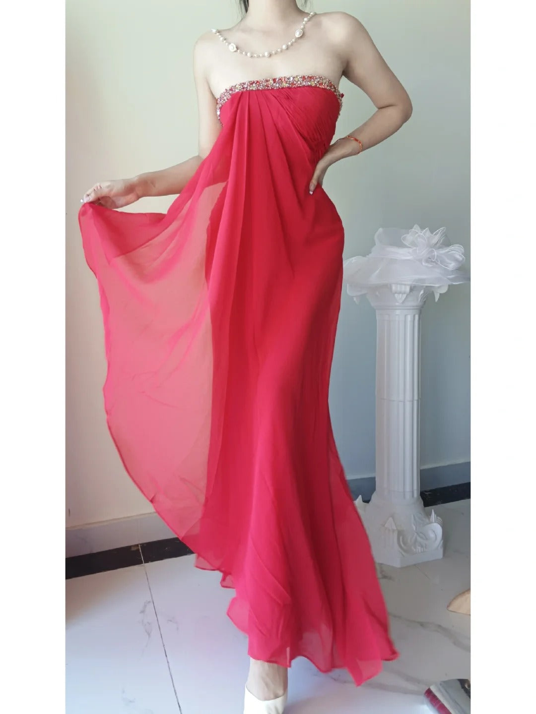 Rosa fließende Perlen elegante lange Chiffon Venus Ballkleid Abendkleid Partykleid gh4709