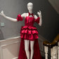 girlhomeshops-Burgunderrotes Satin-Spaghetti-Träger-Puffärmel-Schleppenkleid gh6383
