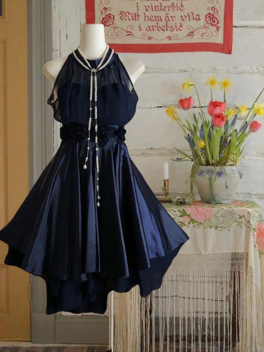 Girlhomeshops - Robe de soirée élégante en satin bleu marine, style rétro, col licou, simple, gh5699
