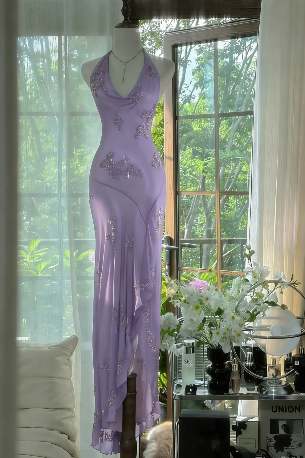 Robe de soirée longue en mousseline de soie, élégante, vert foncé, avec perles, gh4749