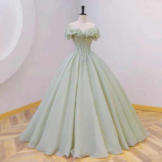 Green fairy gentle beaded long satin ball gown evening dress gh4359