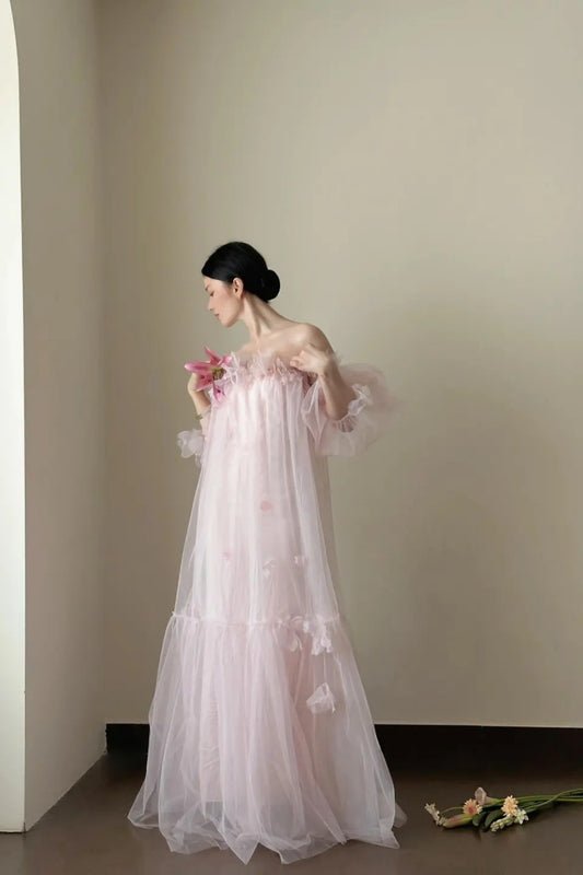 girlhomeshops - Vintage rosa Tüll schulterfreies, ärmelloses Abendkleid im Waldstil mit Puffärmeln, offenem Rücken gh6092