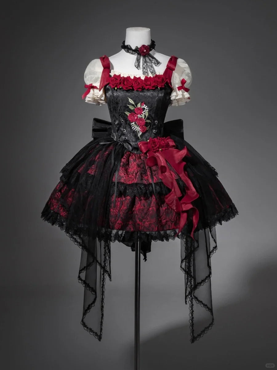 Girlhomeshops-Schwarz-rotes, geblümtes Tüll-Spitzen-Kurzes Heimkehrkleid, Geburtstagskleid, gh5346