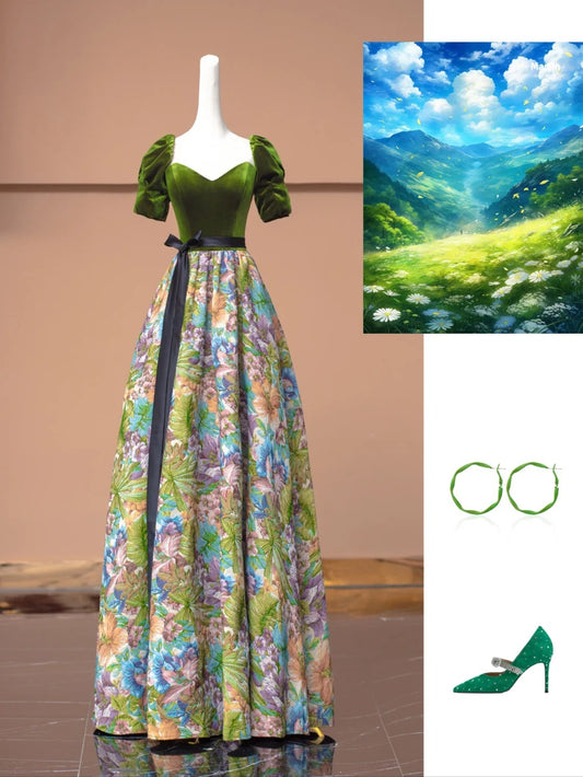 Green velvet oil painting flowers elegant satin long prom dress evening dress party dress gh4869