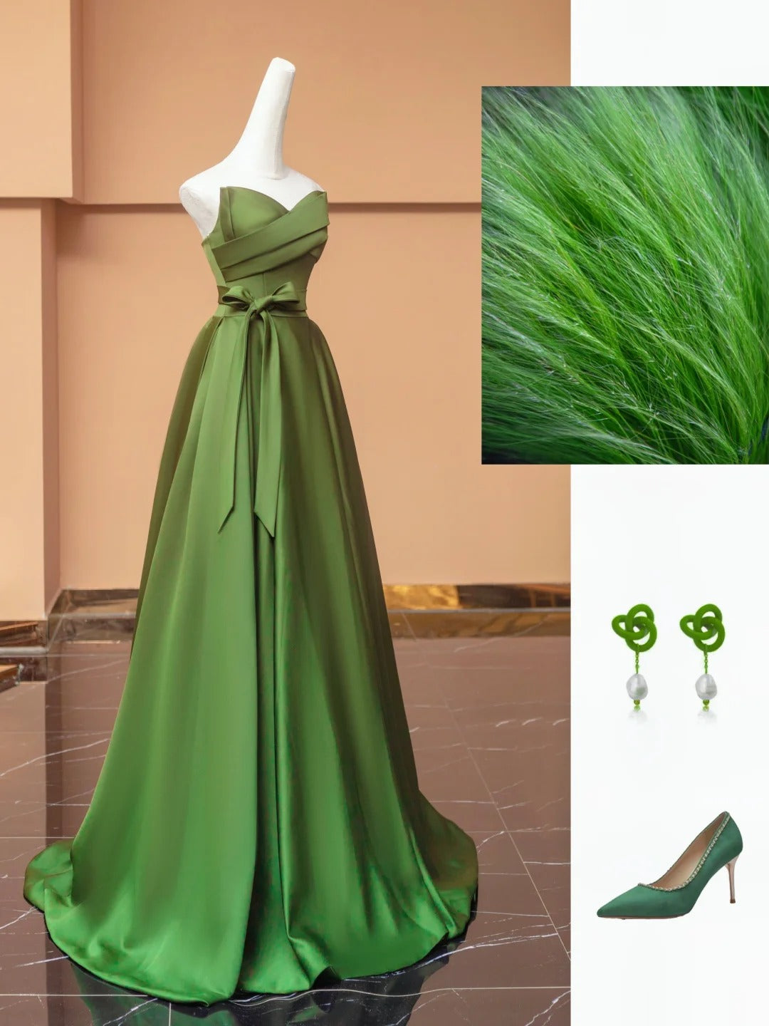 Grünes, elegantes Satin-Ballkleid mit langen Ärmeln, Abendkleid, Partykleid, gh4866