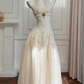 girlhomeshops-Vintage Lace Jacquard Halter Evening Dress, Long Sleeveless Elegant Party Gown gh5902