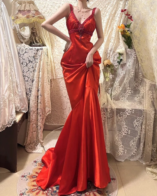 Robe de bal longue en satin rouge vintage à fleurs, robe de soirée d'anniversaire, gh4413