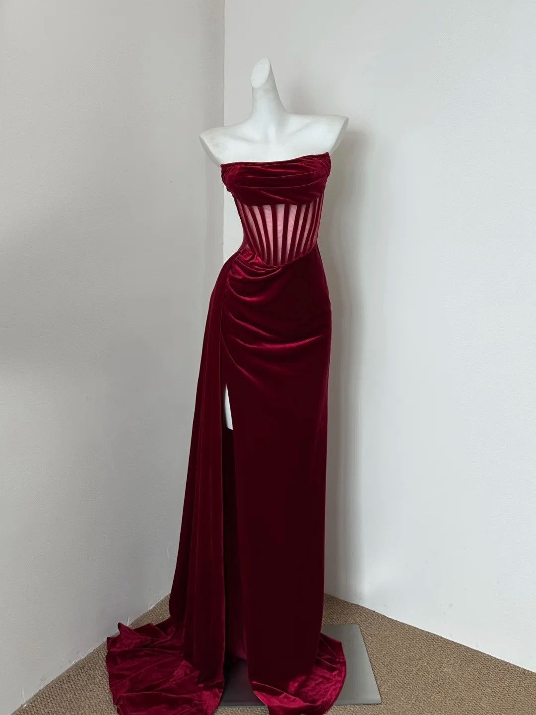 Robe de soirée longue en velours bordeaux/rouge gh4833