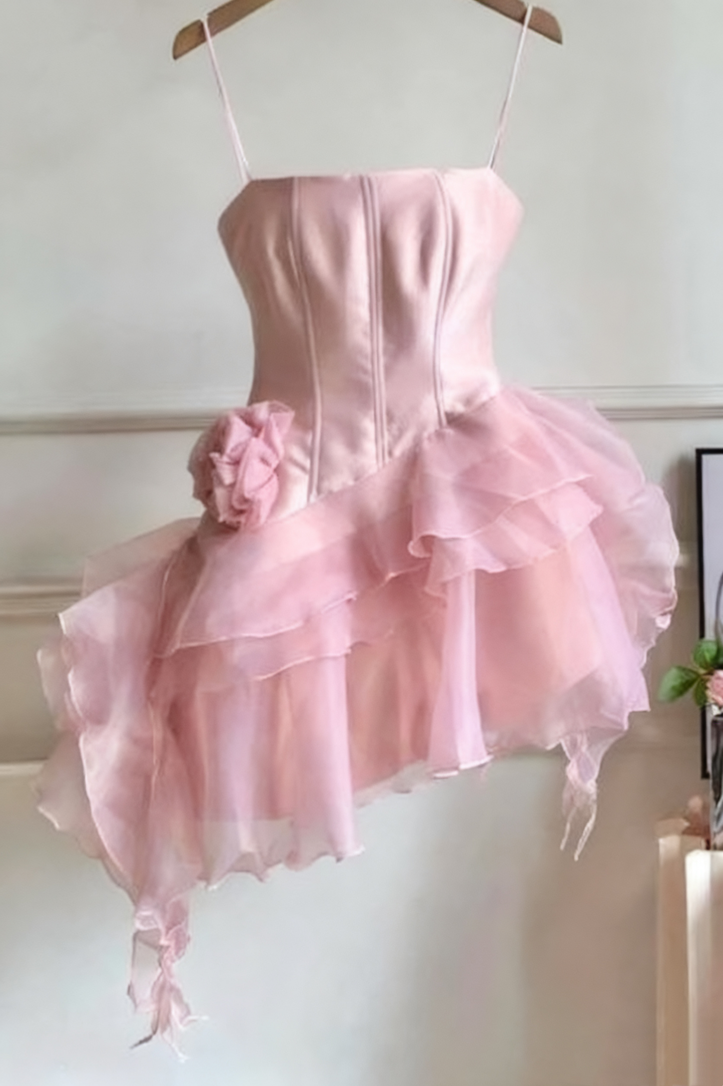 Robe de soirée courte en mousseline de soie rose à imprimé floral fantaisie pour femme, tenue de fête d'anniversaire, gh4727