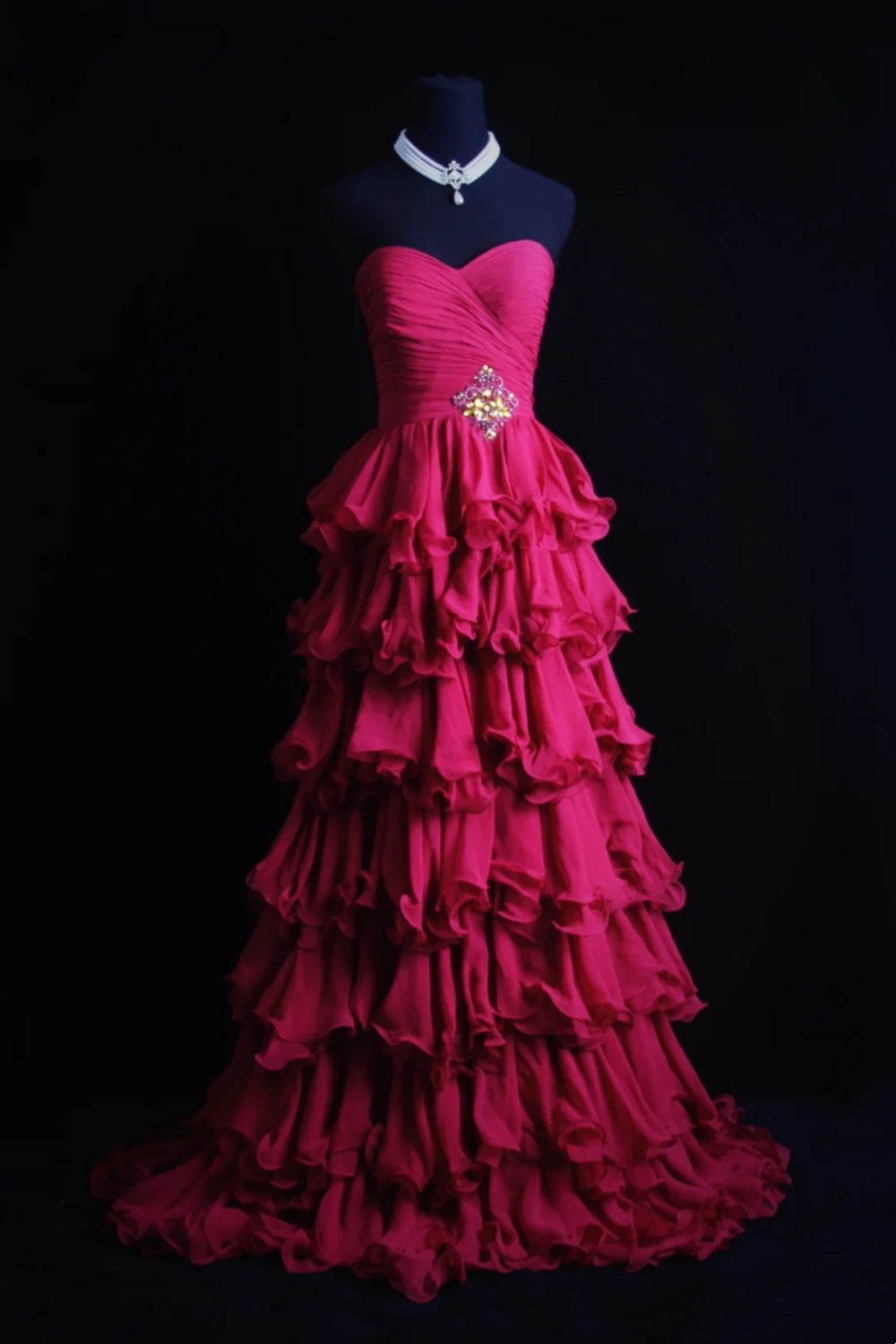 girlhomeshops-Fuchsia Chiffon Ärmelloses bodenlanges gestuftes Rüschen-Abendkleid gh6304