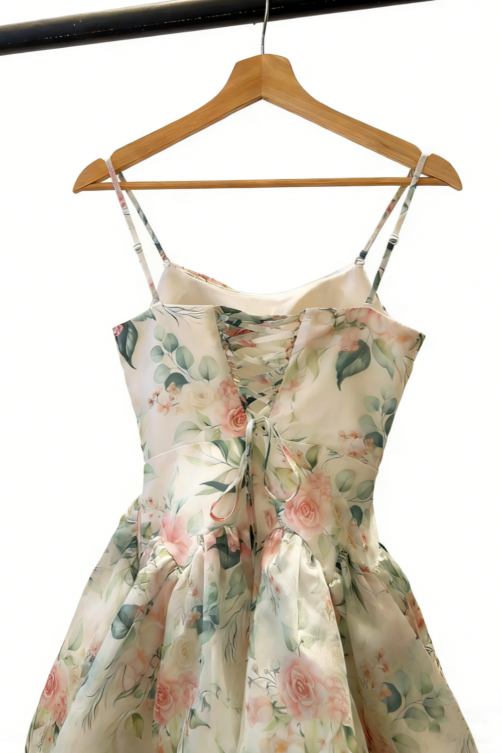 Robe en organza à imprimé floral rose et vert à volants - Robe printanière style frais gh6966