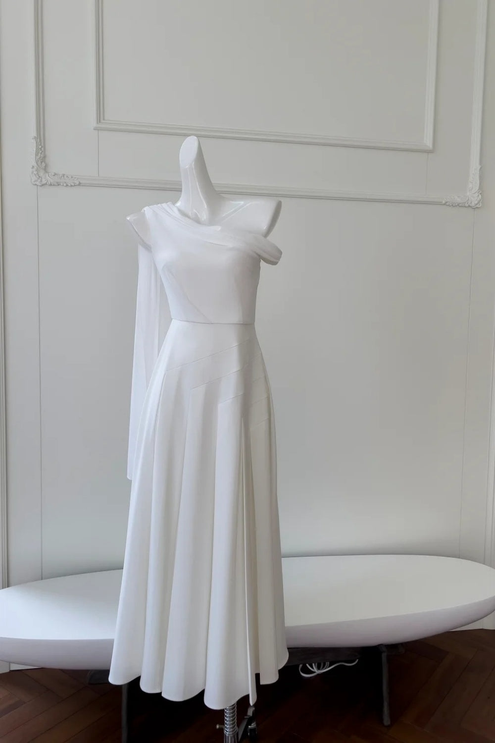 girlhomeshops- Minimalist White Asymmetric Off-Shoulder Midi Evening Gown gh6097