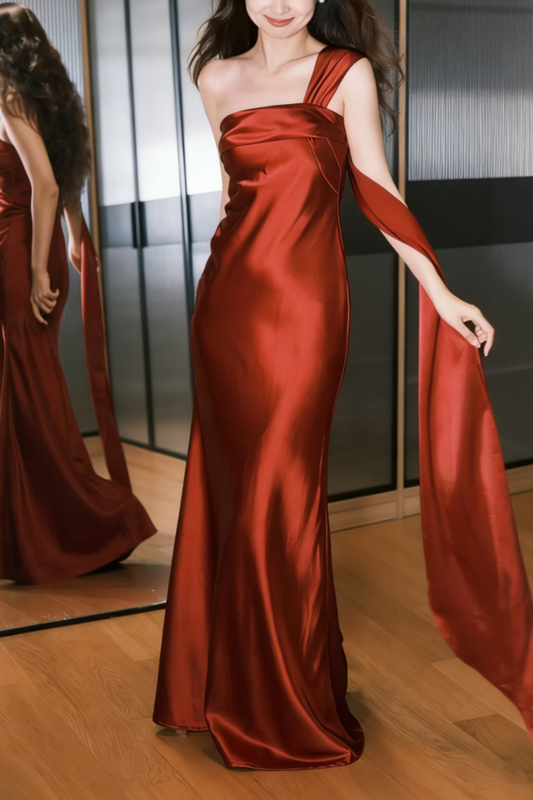 Robe de soirée sirène asymétrique en satin avec ceinture - coupe ajustée gh6946