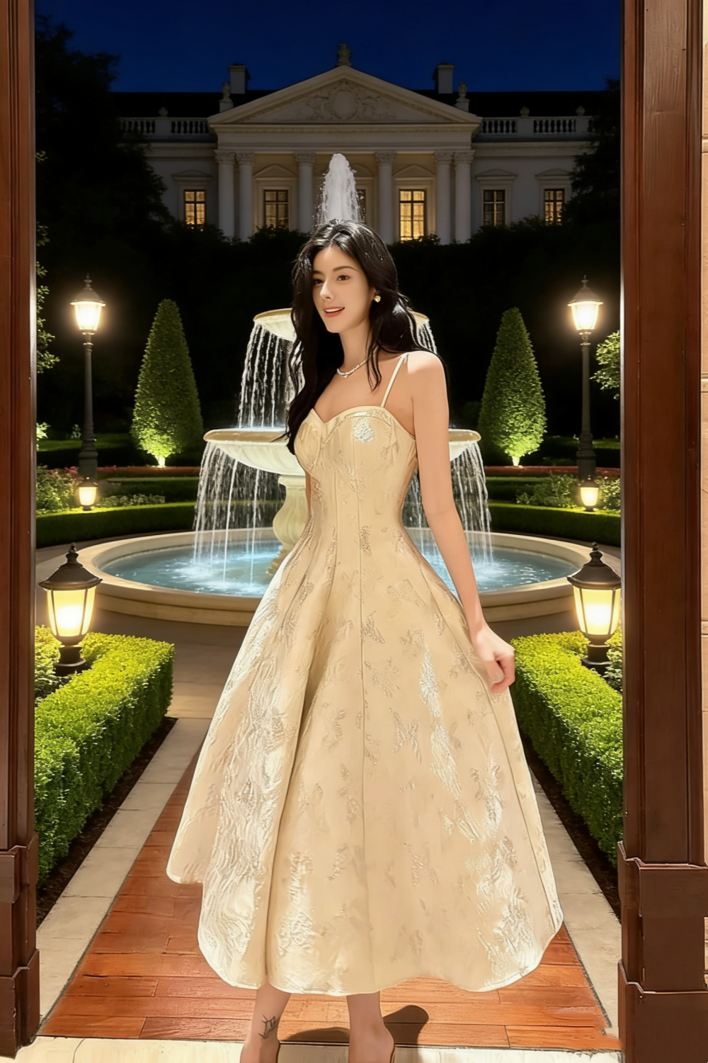 Champagnerfarbenes Jacquard-Kleid mit dünnen Spaghettiträgern und taillierter Silhouette – elegantes Abendkleid für leichte Abendveranstaltungen gh6959