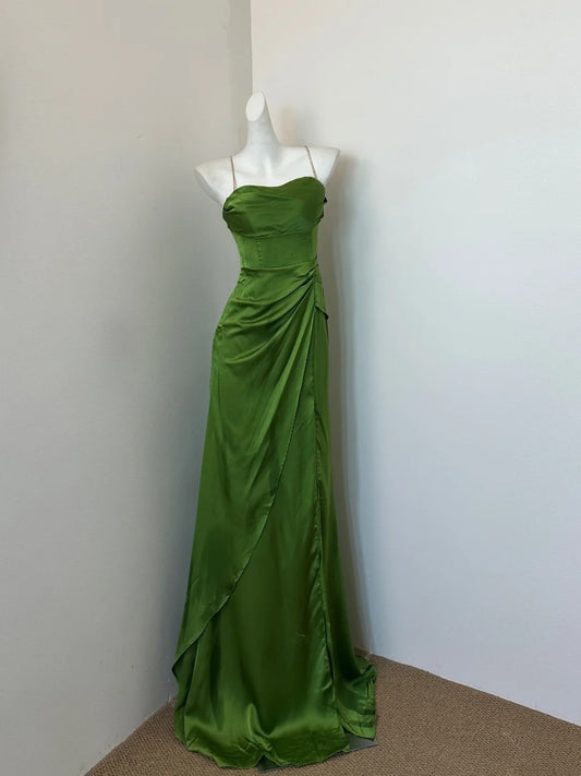Robe de soirée longue en satin vert simple et tendance gh4832