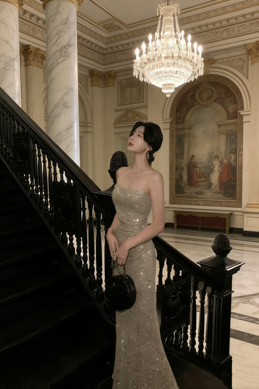 Robe sirène bustier à sequins champagne - Robe de cocktail étincelante style mondaine gh6960