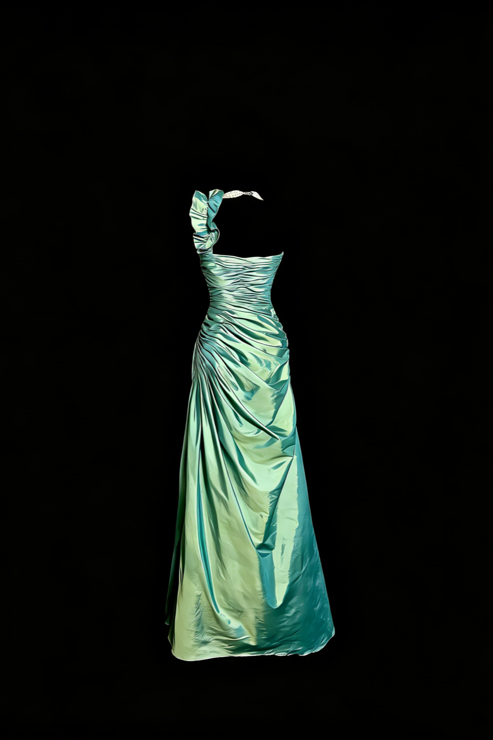 Mintgrünes One-Shoulder-Kleid aus Satin mit Rüschen gh7096