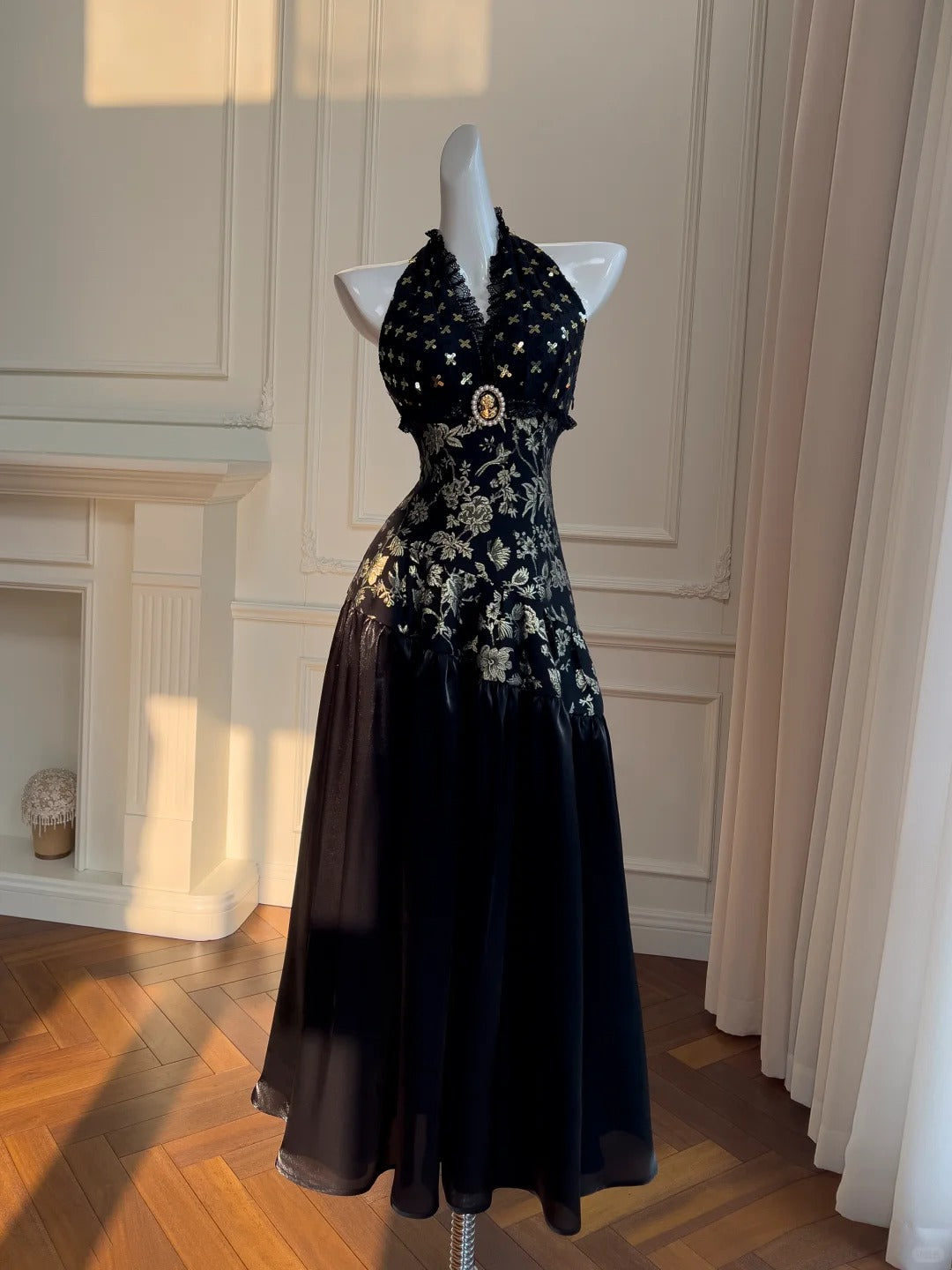 Schwarz/Weiß Vintage Langes Satin Ballkleid Geburtstagspartykleid Abendkleid gh4410