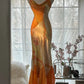 Orange Zarte Blumen Spaghetti Strap Lange Satin Chiffon Ballkleid Abendkleid Partykleid gh4093