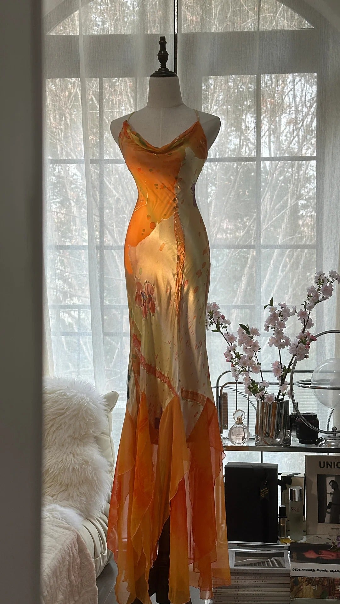 Orange Zarte Blumen Spaghetti Strap Lange Satin Chiffon Ballkleid Abendkleid Partykleid gh4093