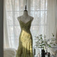 Robe de soirée élégante et romantique verte, à fleurs délicates, avec des appliques et des perles, à bretelles spaghetti, mi-longue/courte, en mousseline de soie, à volants, gh4060