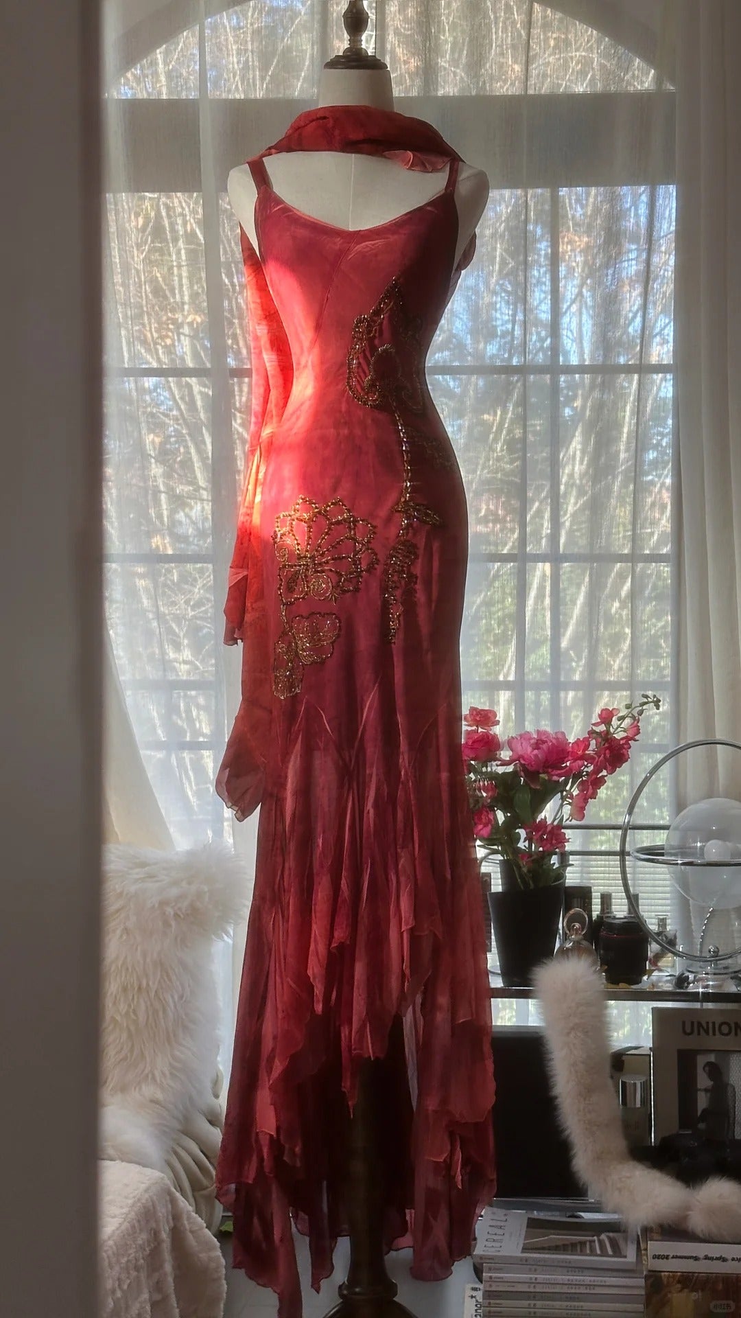 Rot Romantisch Mode Elegant Exquisite Lotus Gold Perlen Lang Chiffon Fischschwanz Rock Meerjungfrau Schlank Ballkleid Abendkleid Geburtstag/Hochzeitsgast/Urlaub Partykleid Ballkleid Valentinstag Date Kleid gh4029