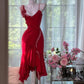 Red Rose Dream - 3D Floral Spaghetti Strap Mermaid Dress, Asymmetric Ruffle Date Night Maxi Dress  gh7090