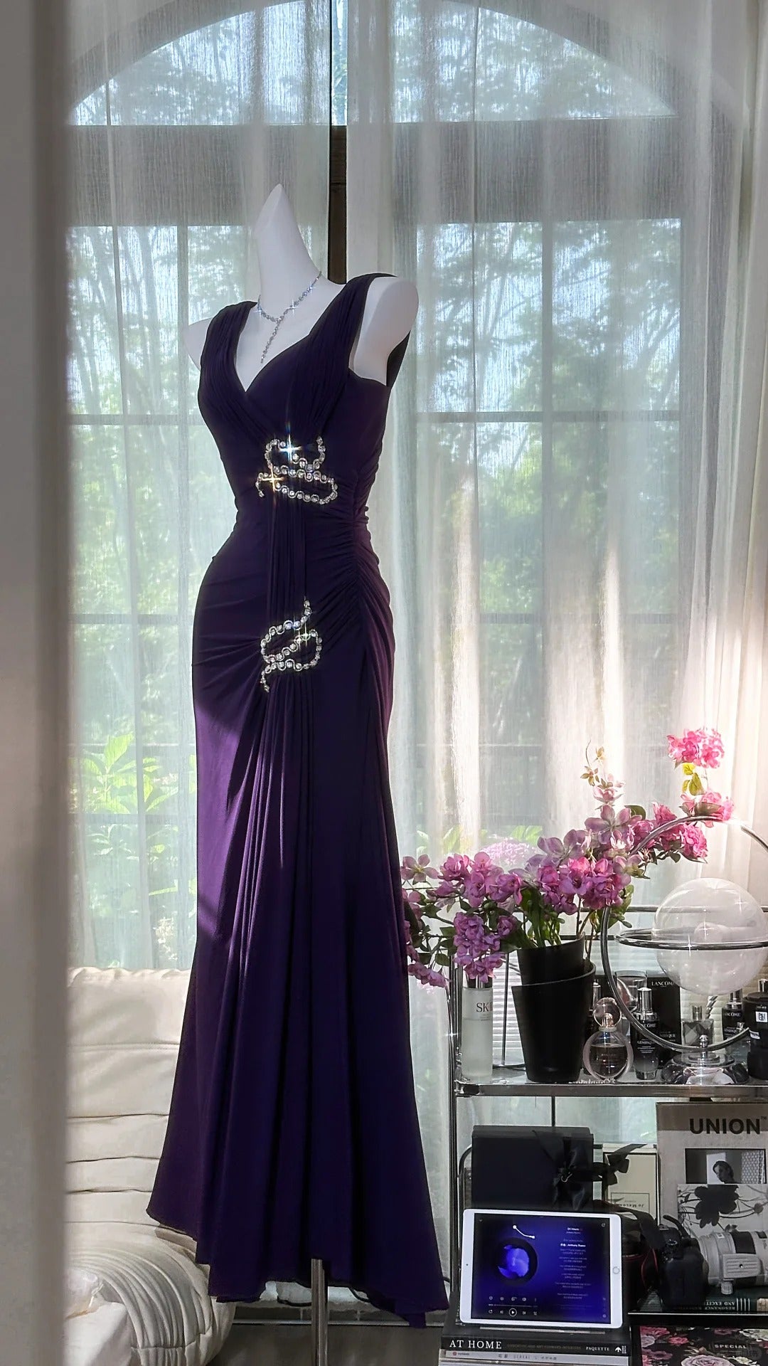 Robe de soirée longue en mousseline de soie violette avec strass, robe de soirée, robe de bal, gh4677
