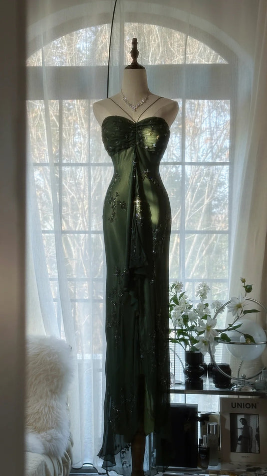 Grün Elegante Mode Exquisite Perlen Trägerlosen Lange Chiffon Ballkleid Abendkleid Geburtstag/Urlaub Party Kleid Prom Kleid gh4066