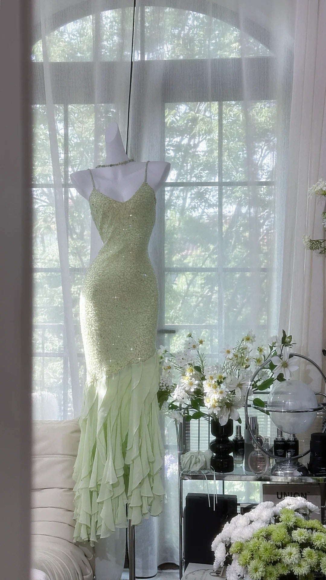 Robe de soirée longue à volants et paillettes, verte et brillante, gh4319