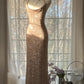 Champagner Wunderschönes, glänzendes, exquisites, perlenbesetztes Spaghettiträger-V-Ausschnitt-langes Chiffon-Ballkleid mit Pailletten, Abendkleid, Partykleid gh4095