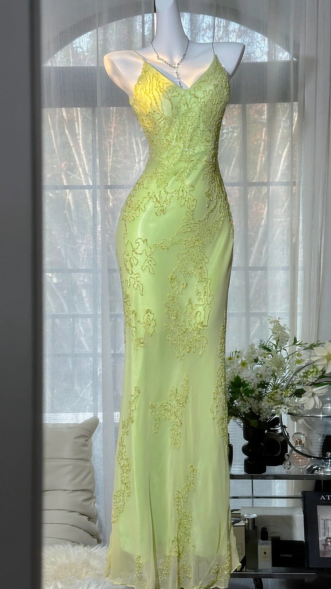 Green Romantic Fairy Exquisite Beaded Strap Long Chiffon Date Dress Party Dress gh6909