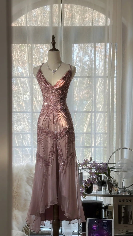 Rosa Romantische Mode Elegante Exquisite Perlen Spaghetti Strap Lange Tüll Chiffon Rüschen Ballkleid Abendkleid Party Kleid gh4059