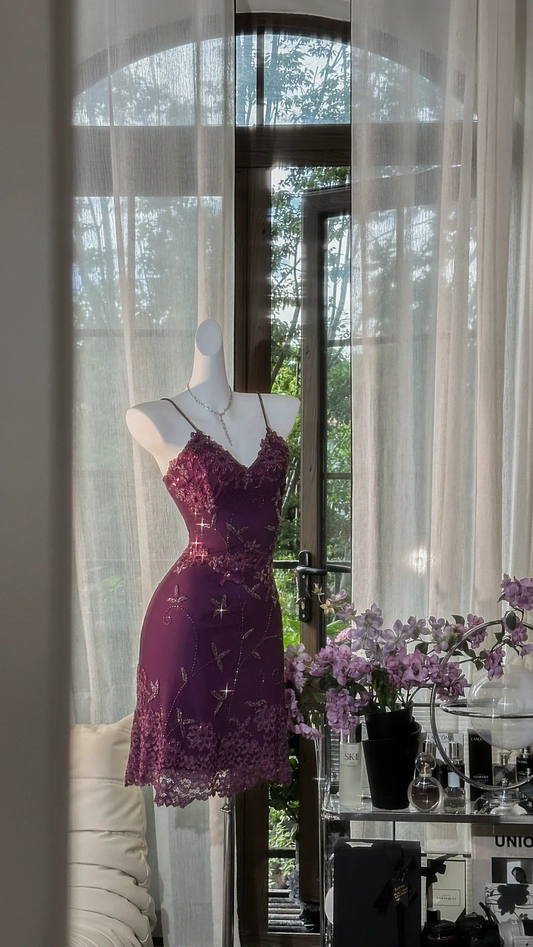 Purple Floral Gold Beaded Short Lace Chiffon Homecoming Dress Birthday Party Dress gh4621