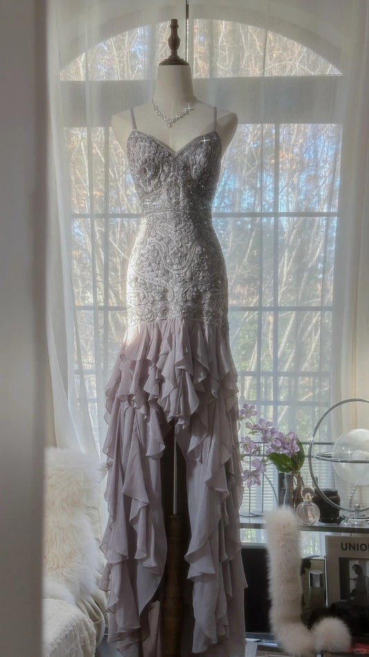 Purple Romantic Gorgeous Exquisite Elegant Beaded Lace Long Chiffon Evening Gown Ball Gown Prom Dress Birthday Holiday Party Dress gh4046