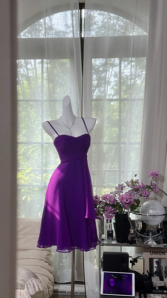 ✨Girlhomeshops-Lila, schlichtes, modisches, kurzes Chiffon-Kleid für die Heimkehr, Geburtstagsparty, Kleid gh4989