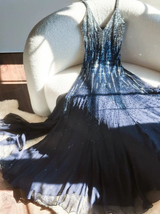 Blau Wunderschöne Glänzende Exquisite Perlen Spaghetti-Träger V-Ausschnitt Lange Pailletten Chiffon Ballkleid Abendkleid Partykleid gh4096