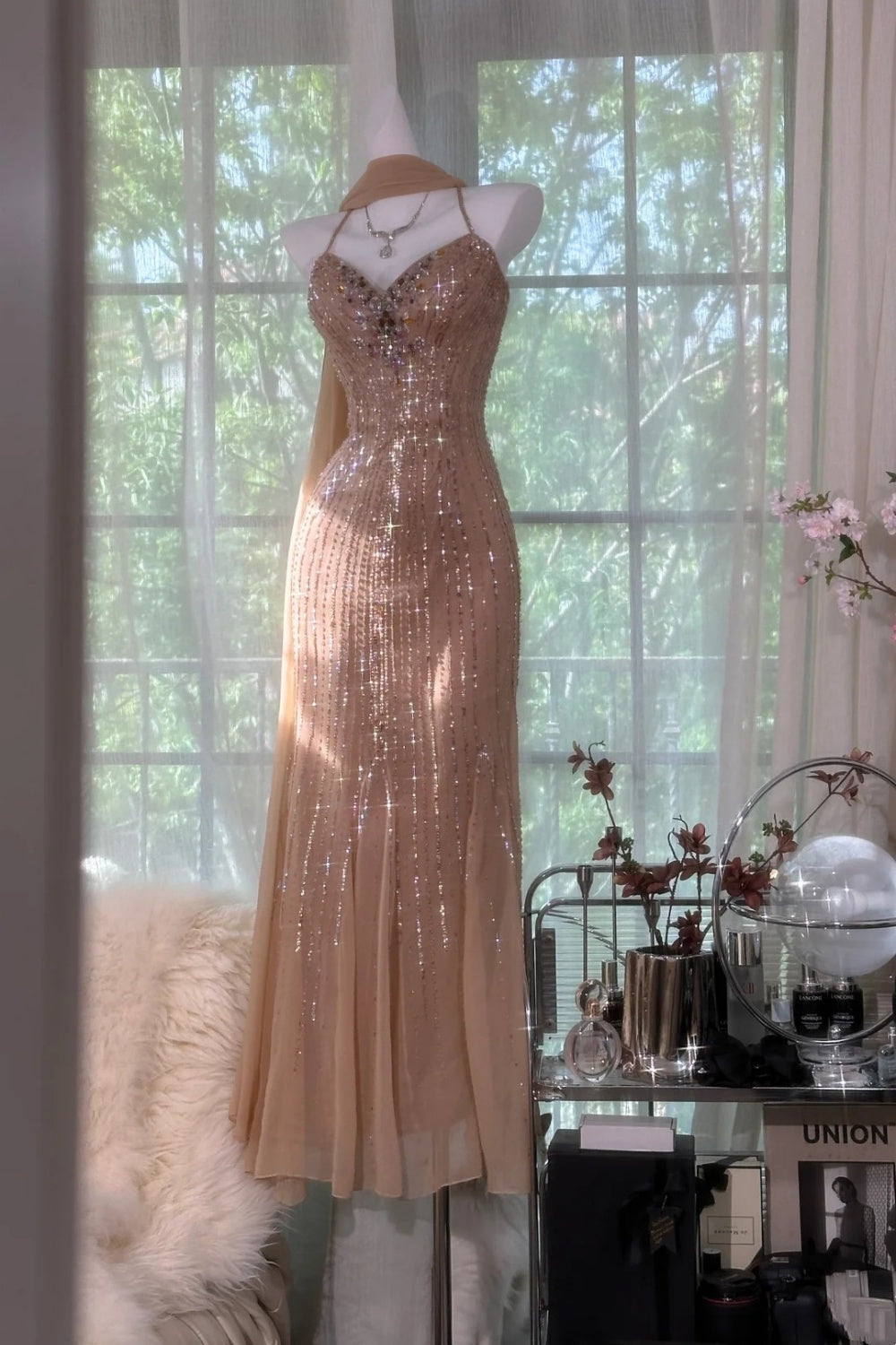 Luxury Sequin Style Cross-Strap Gown | Champagne Gold Tulle Mermaid Maxi Dress for Gala Red Carpet High-End Party Luxury Social Event gh6423
