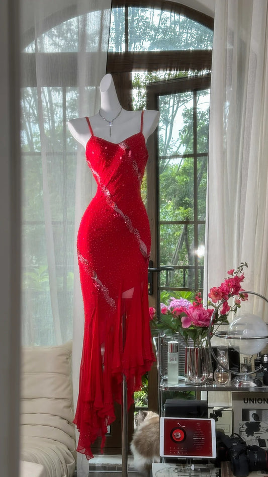Red shiny beaded long chiffon ball gown evening dress party dress date dress prom dress gh4678
