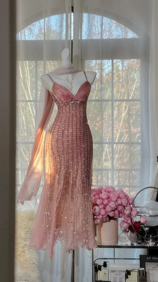 Pink Romantic Fairy Exquisite Bead Decoration Medium/Short Chiffon Date Dress Party Dress gh6912