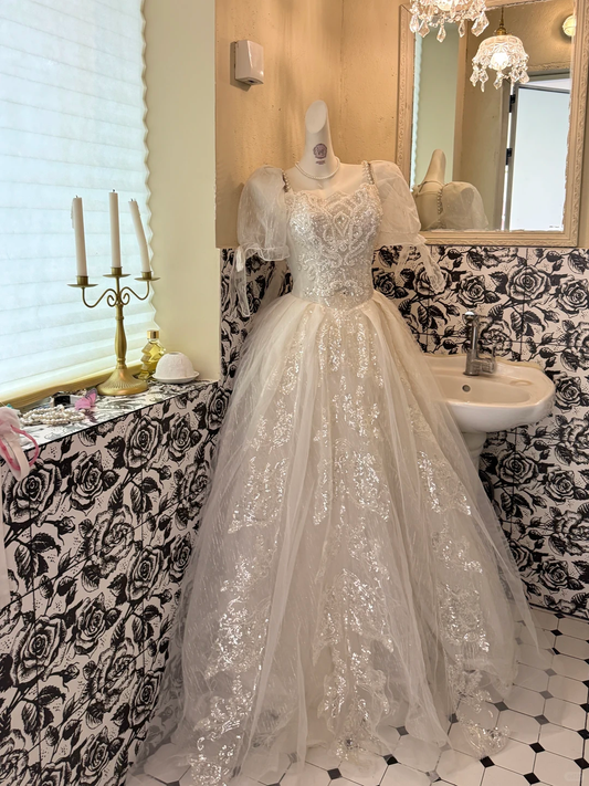Ivory Square Neck Waist-Cinched Full Flared Vintage Romantic Dress, Wedding Gown gh7538