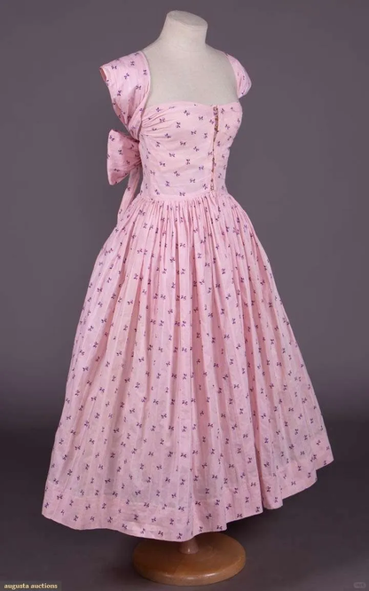 Light Pink Victorian Vintage Midi Dress, Square Neck Ruched Bodice Cap Sleeves Front Button Placket Large Back Bow Small Purple Floral Print Swing Gown gh9088