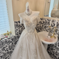 Silver Grey Off-the-Shoulder Cinched Waist Figure-Flattering Full Flared Skirt Long Romantic Dress, Wedding Gown gh7804