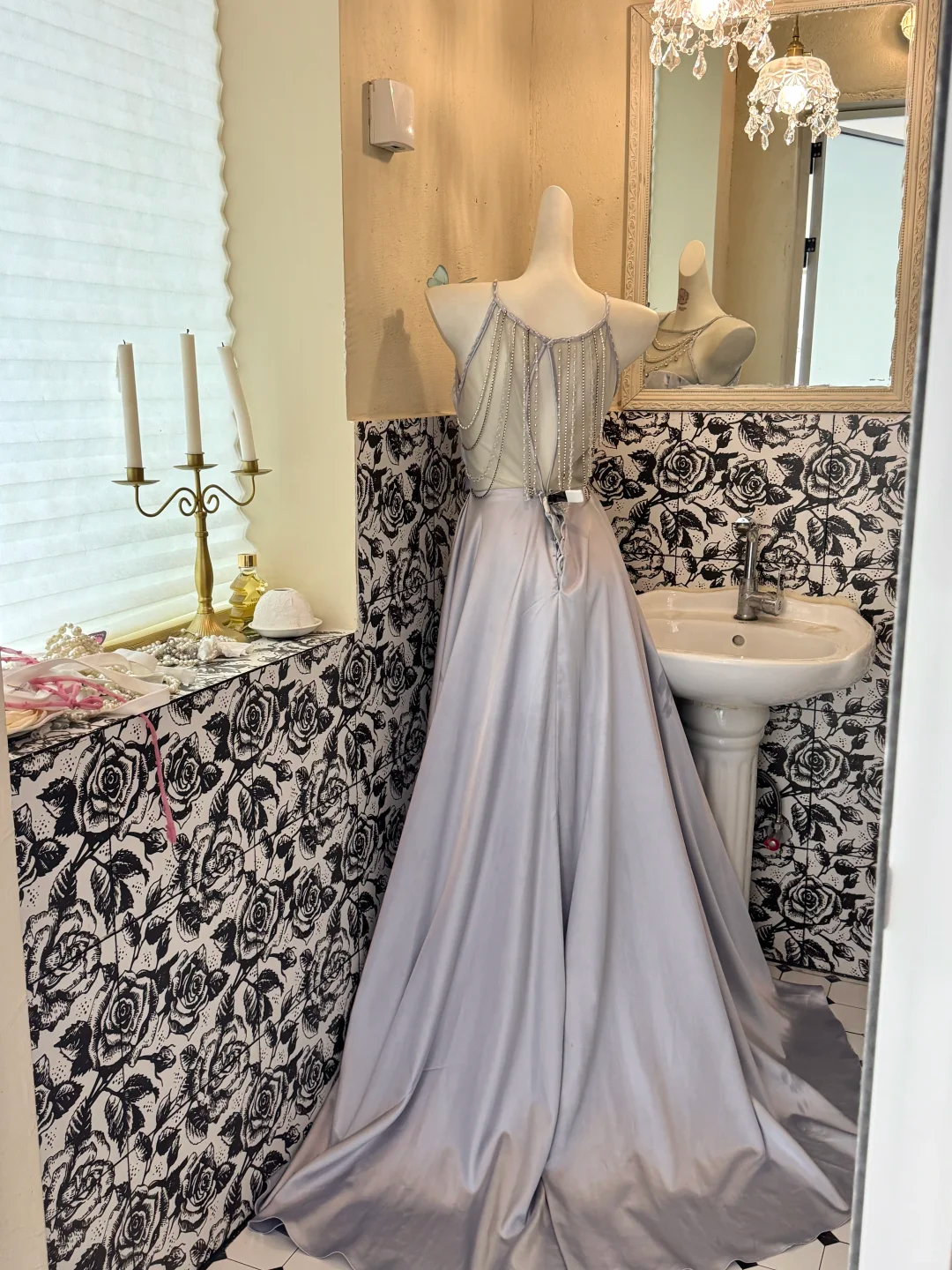 Dusty Lavender Halter Multi-Layer Beaded Chain Waist-Cinched Full Flared Long Romantic Dress, Wedding Gown gh7568