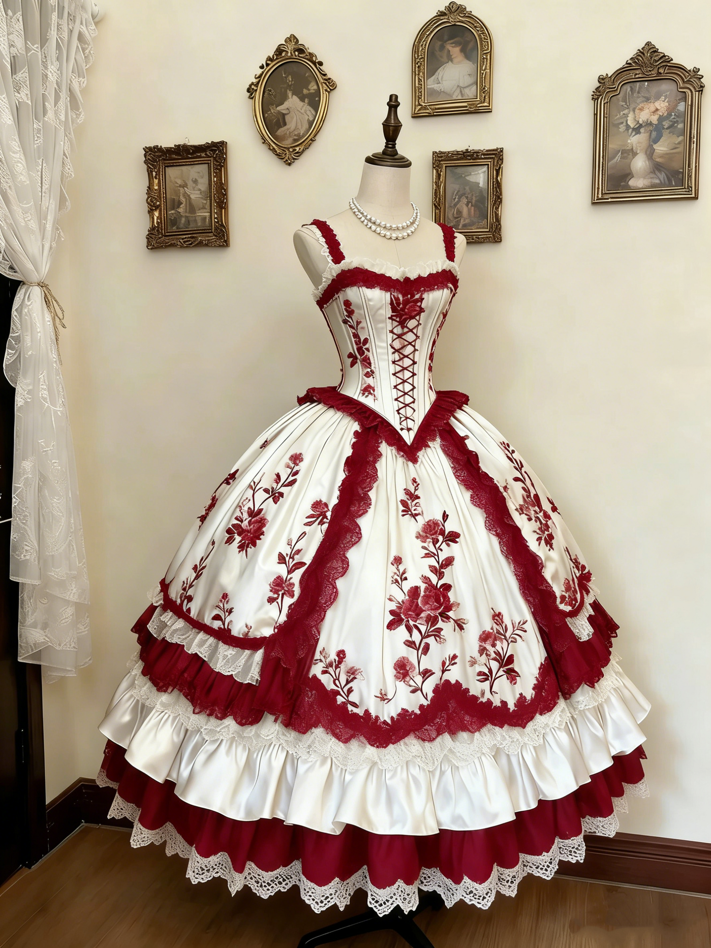 Robe de palais rococo rose verte et blanche gh6781