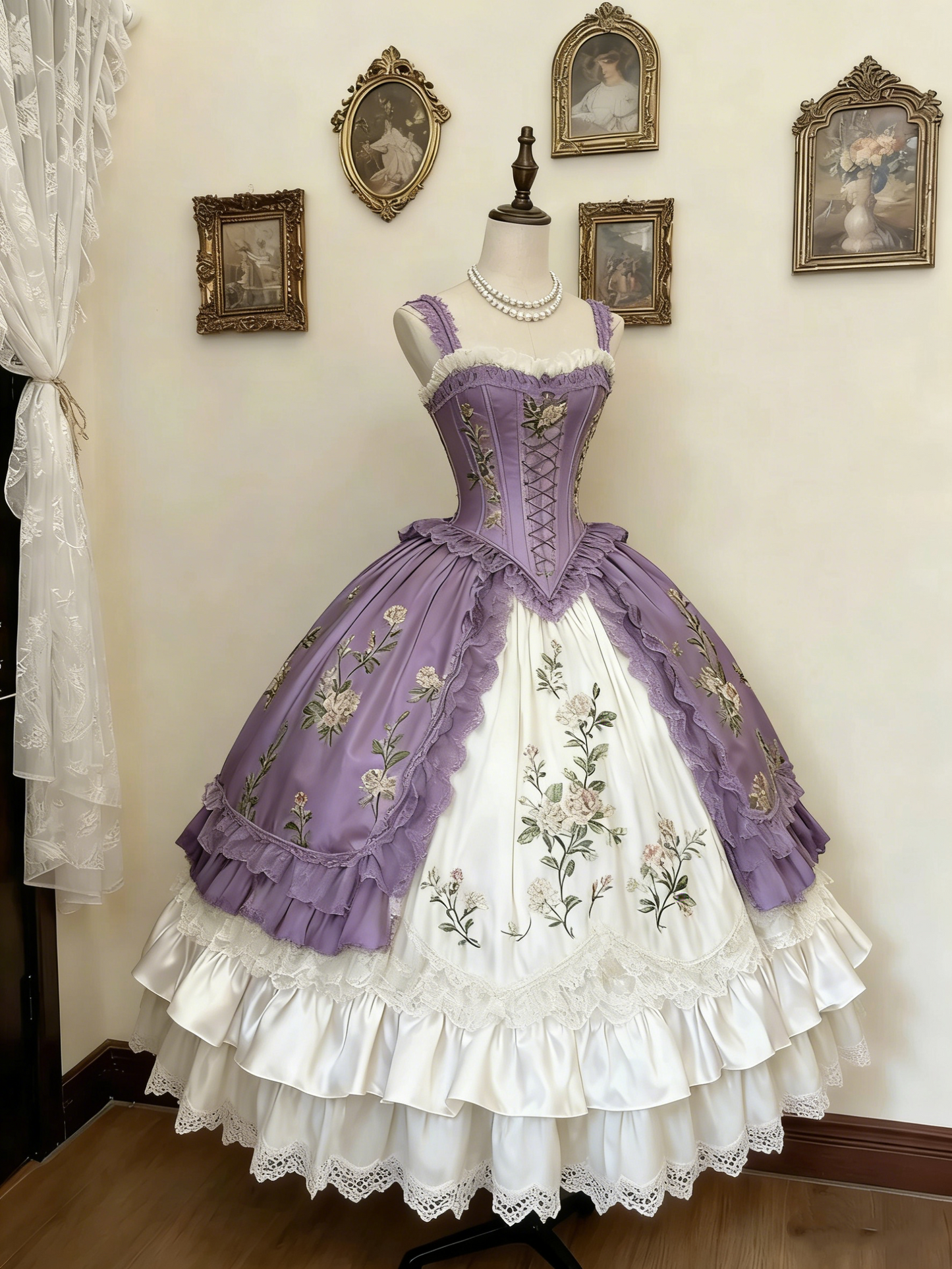 Robe de palais rococo rose verte et blanche gh6781