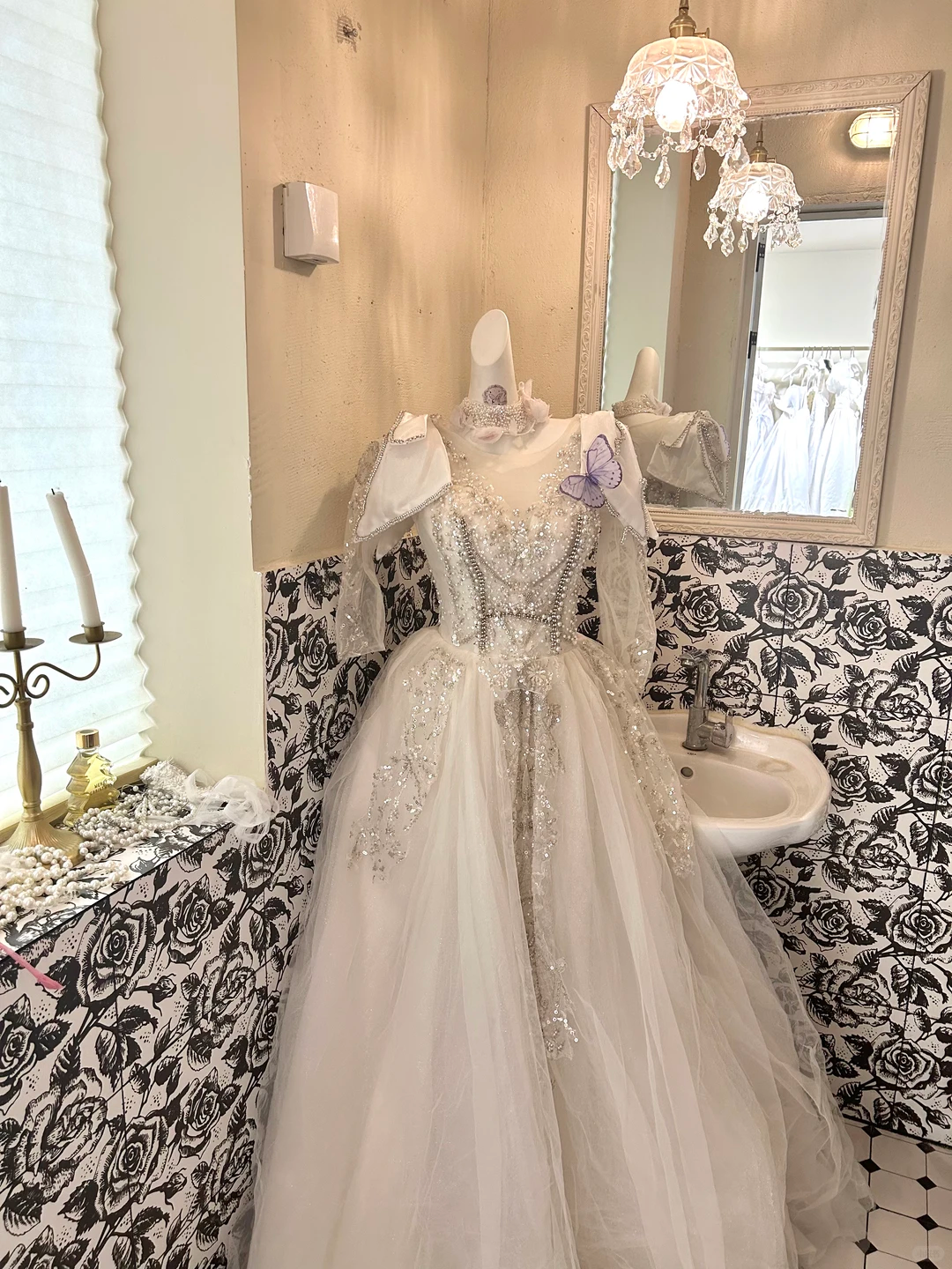 Ivory Rhinestone Cinched Waist Figure-Flattering Voluminous Skirt Long Premium Romantic Dress, Wedding Gown gh7811