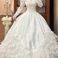White Vintage Satin Ball Gown Wedding Prom Dress, V‑Neck, 3D Floral Shoulders, Leg‑of‑Mutton Long Sleeves, Multi‑Tier Ruffled Cake Skirt gh8685