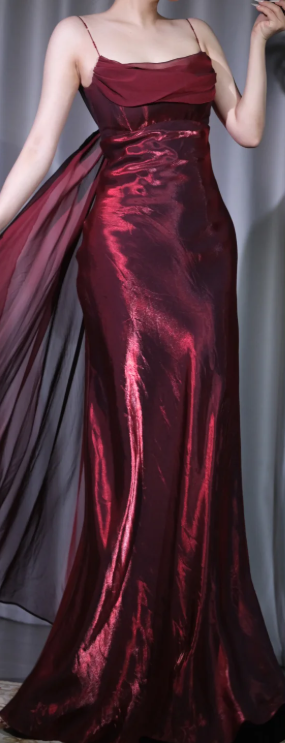 ✨Girlhomeshops-Burgundy Shimmer Evening Gown Spaghetti Strap Cowl Neck Long Dress gh10125